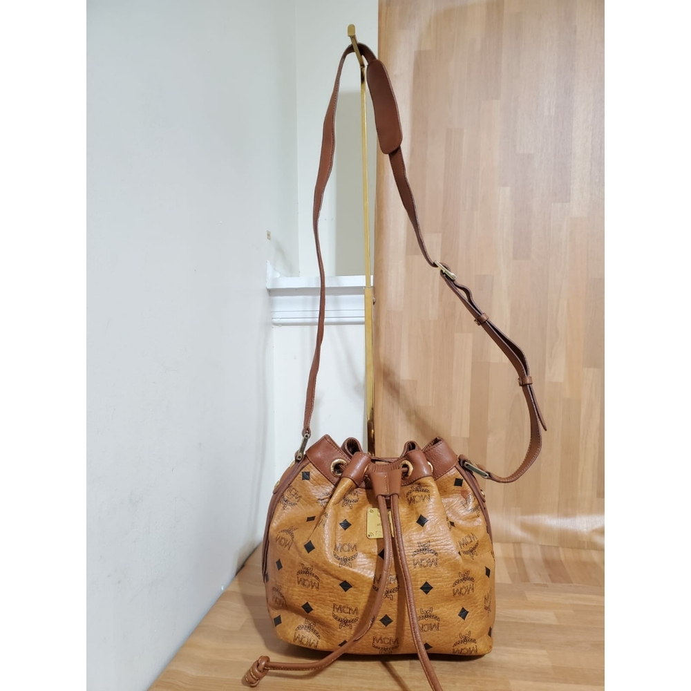 MCM Cognac Visetos Drawstring Bucket Bag